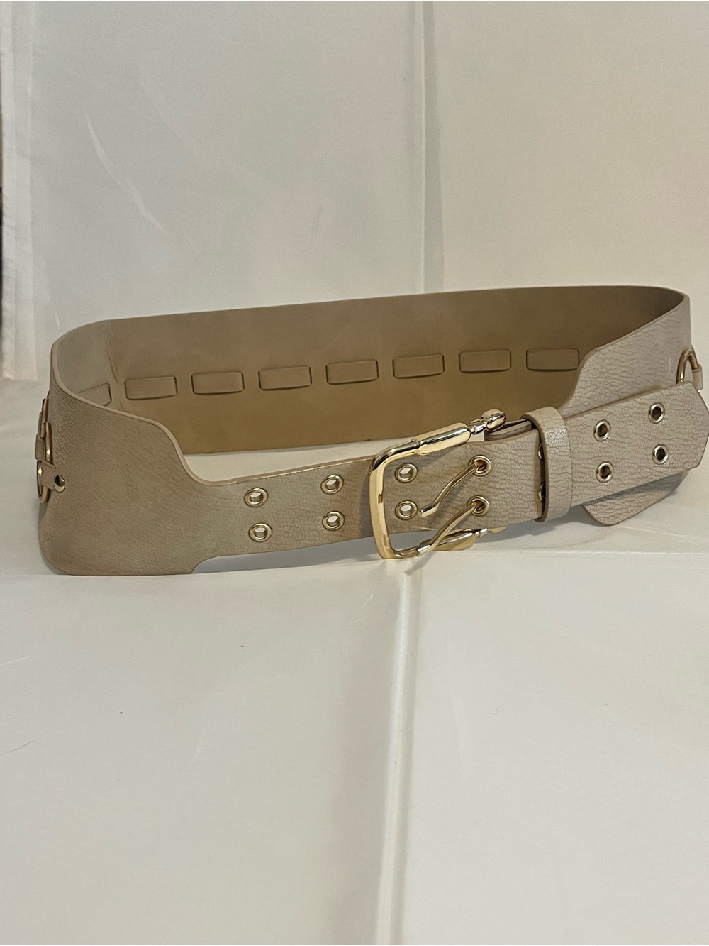 Wide Taupe Women's Fashion Belt with Gold Buckle Faux Leather Belt Double H63